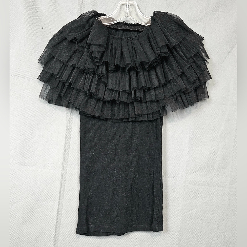 Upcycled Ruffled tulle mesh ribbed jersey top